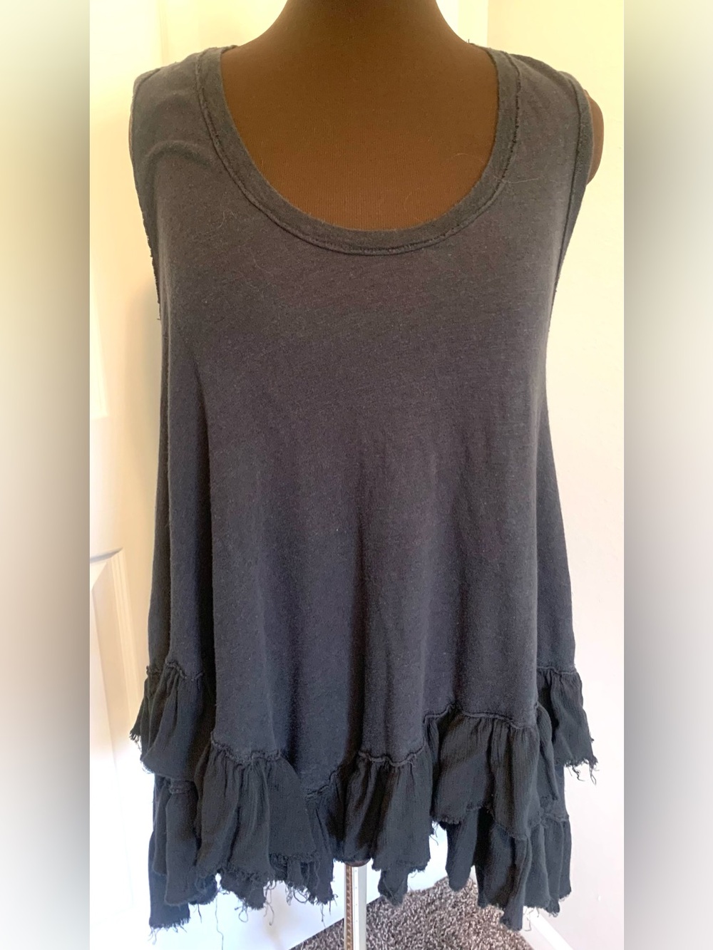 Free People Black Ruffle Raw Edge Tier Tank
